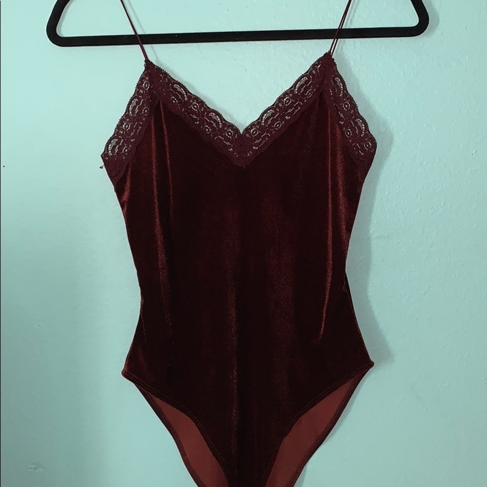 Burnt Red Lace Trim Velvet Bodysuit